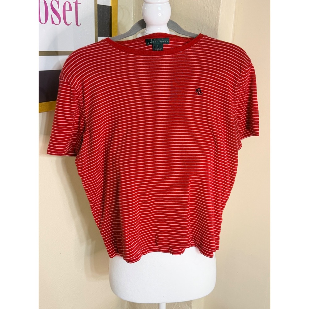 Lauren Ralph Lauren Red White Striped Short Sleeve Crew Neck Tee Shirt Large